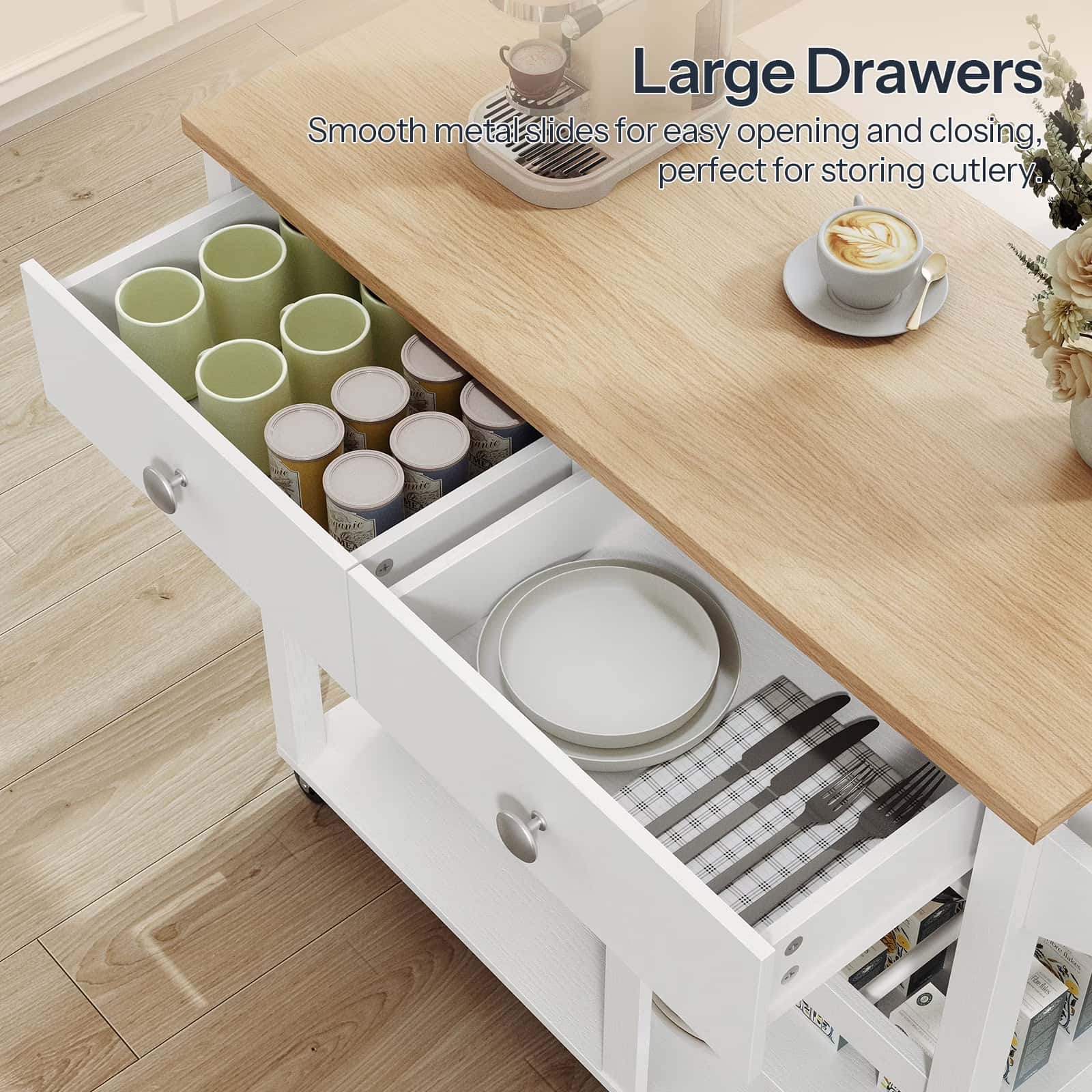 Kitchen island with open drawers containing cups, bottles, and plates on a wooden floor.