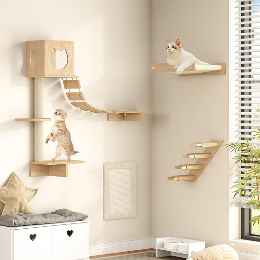 Wooden cat shelves and climbing structure on a wall with two cats using it.