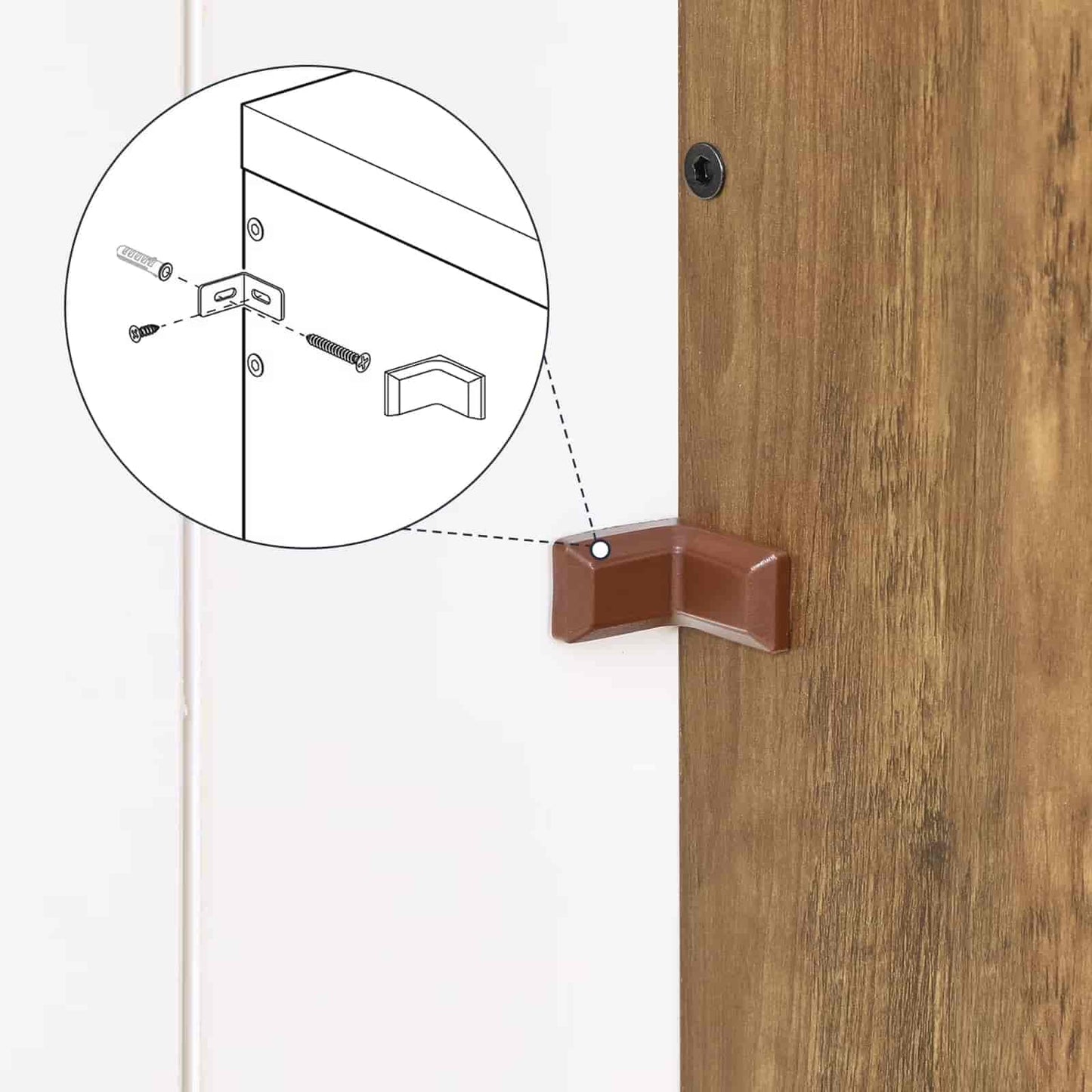 Wooden door with a corner protector and an inset diagram showing installation details.