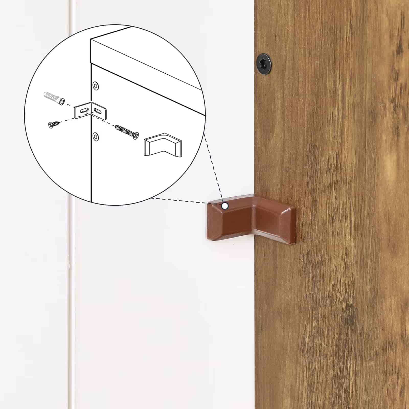 Wooden door with a corner protector and an inset diagram showing installation details.