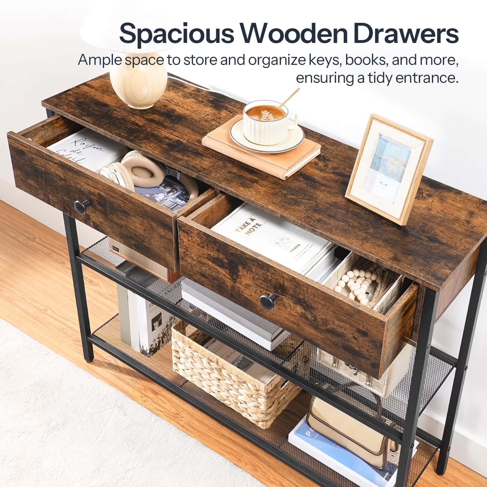 Wooden console table with drawers and shelves, featuring a cup of coffee and books.