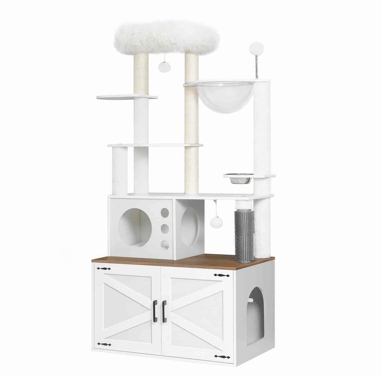 White cat tree with wooden platform and storage cabinet on a white background