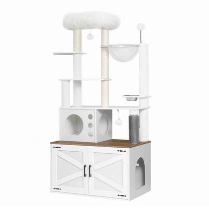 White cat tree with wooden platform and storage cabinet on a white background