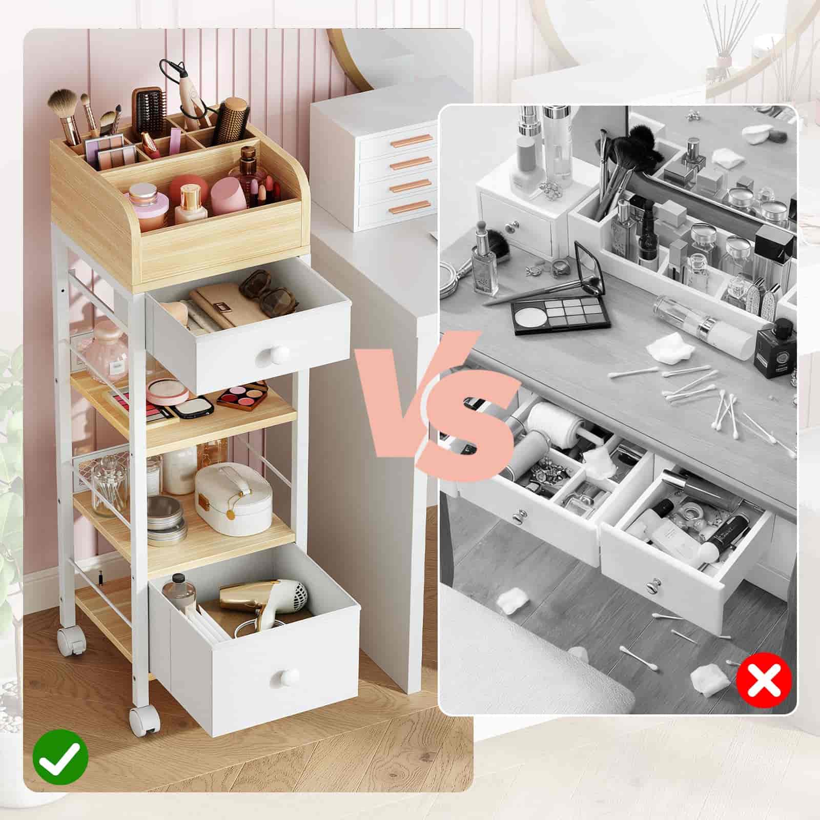 Comparison of a organized makeup cart versus a cluttered counter with makeup items.
