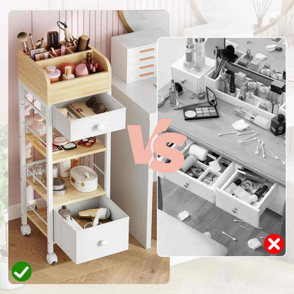 Comparison of a organized makeup cart versus a cluttered counter with makeup items.