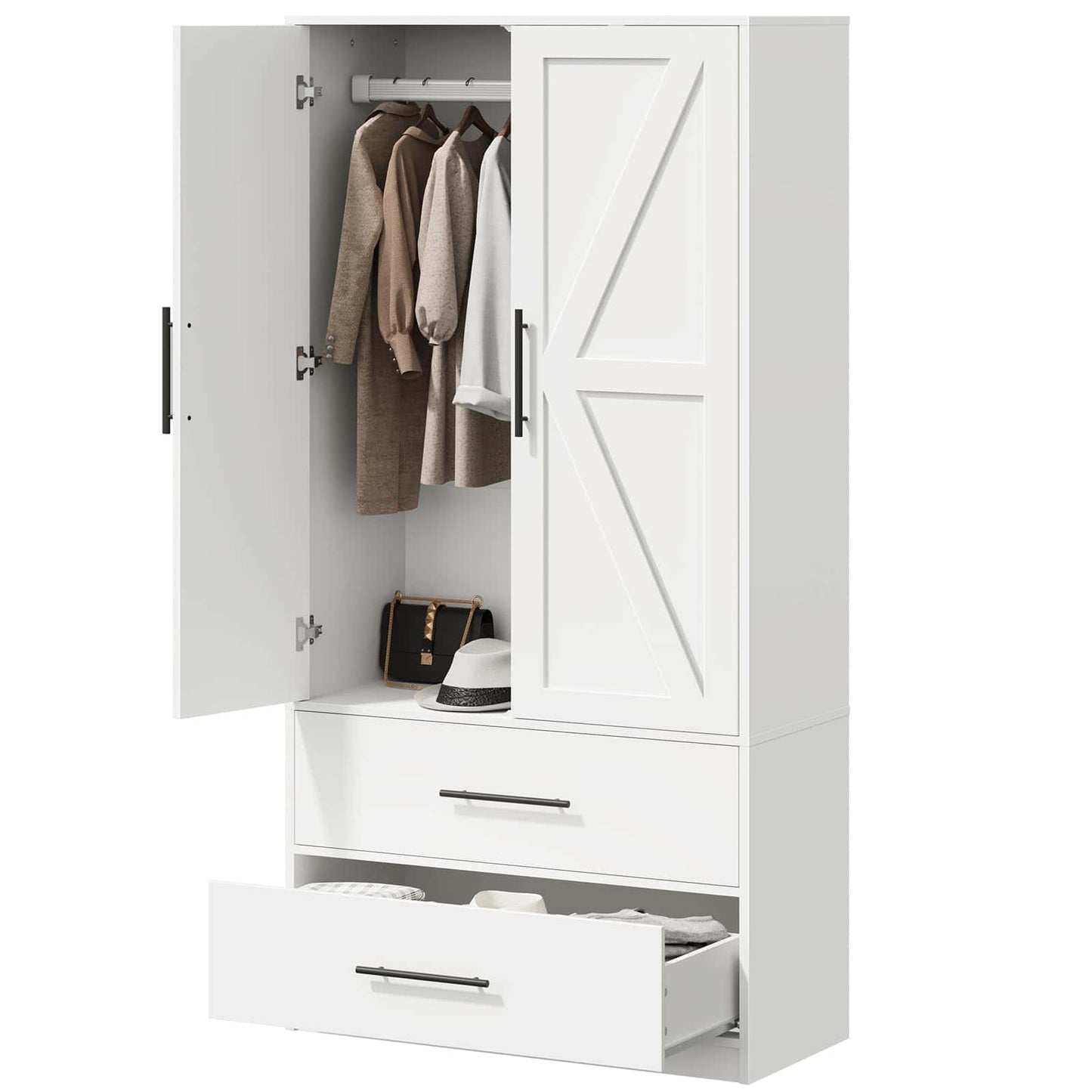 White wardrobe with clothes and shoes on a white background