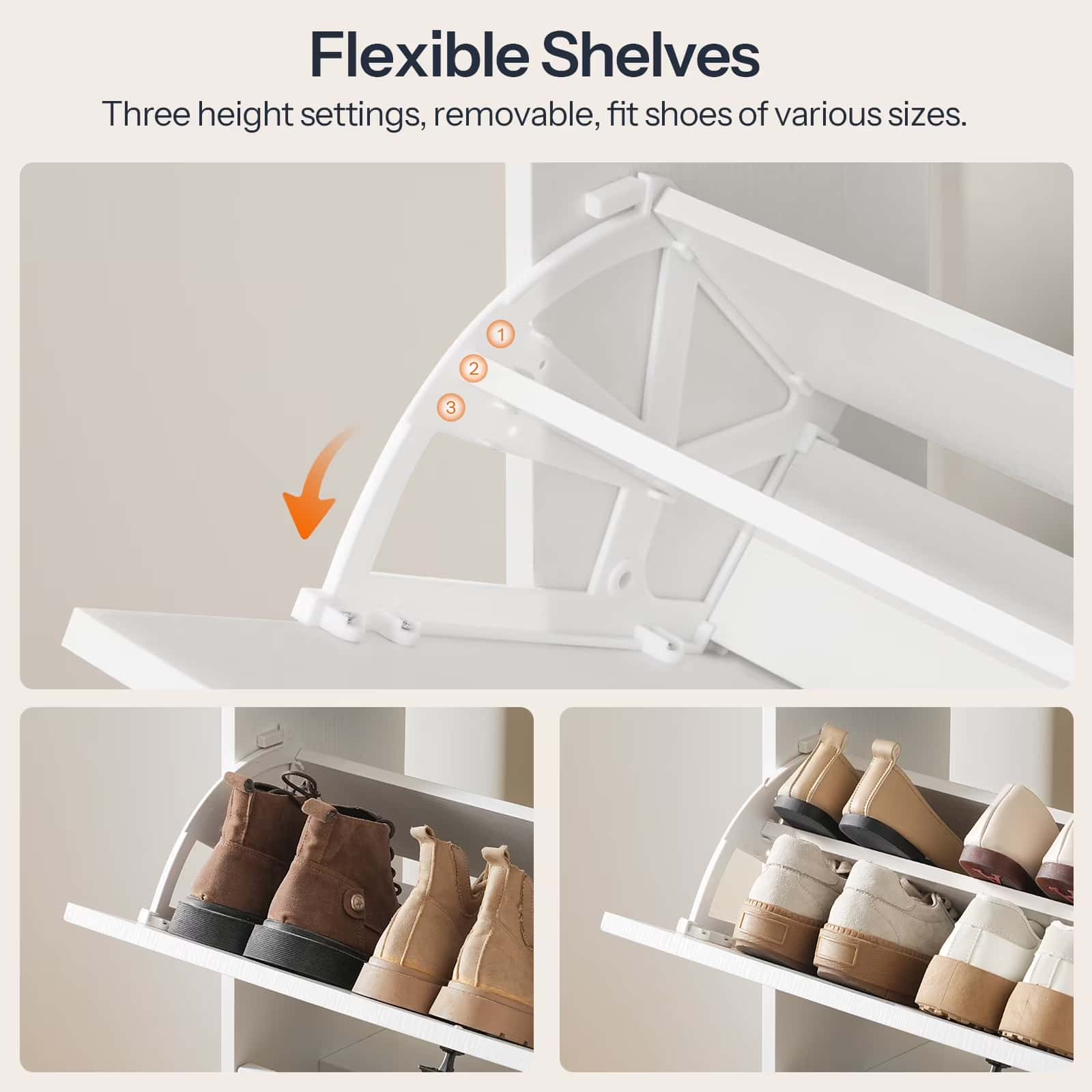 White shoe rack with flexible shelves displaying shoes of various sizes.