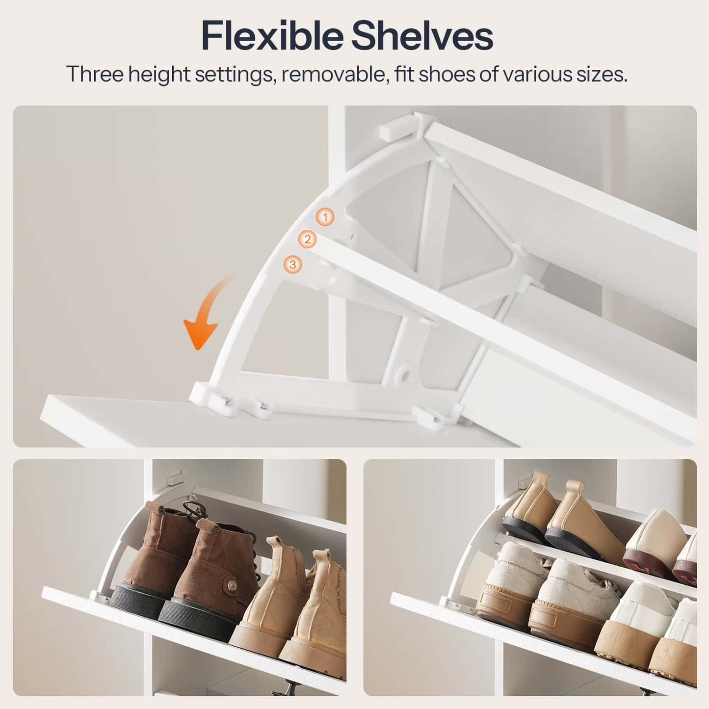 White shoe rack with flexible shelves displaying shoes of various sizes.