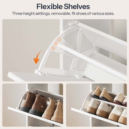 White shoe rack with flexible shelves displaying shoes of various sizes.