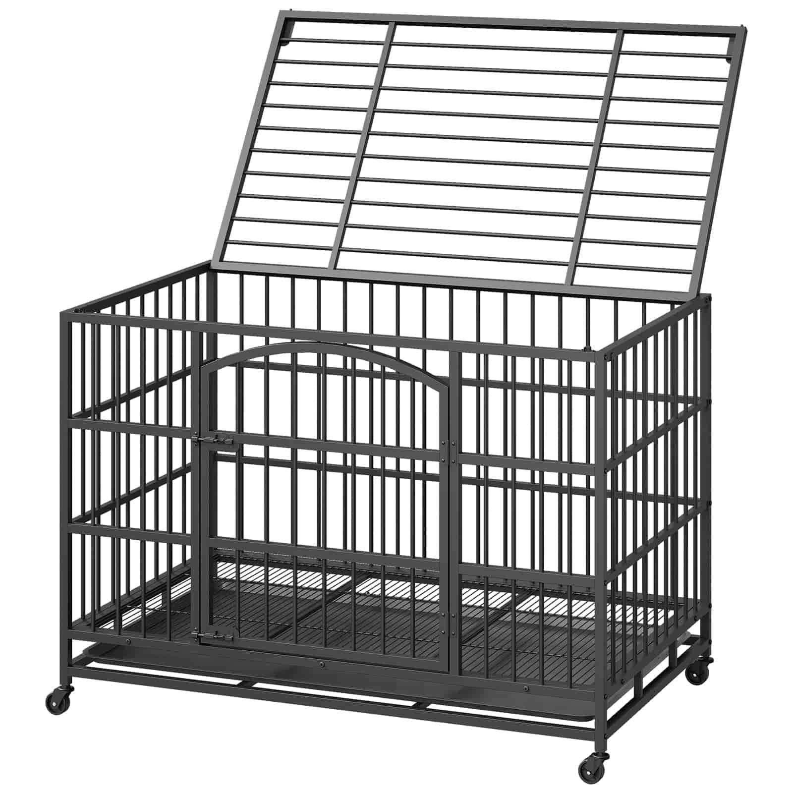 Black metal dog crate with wheels on a white background