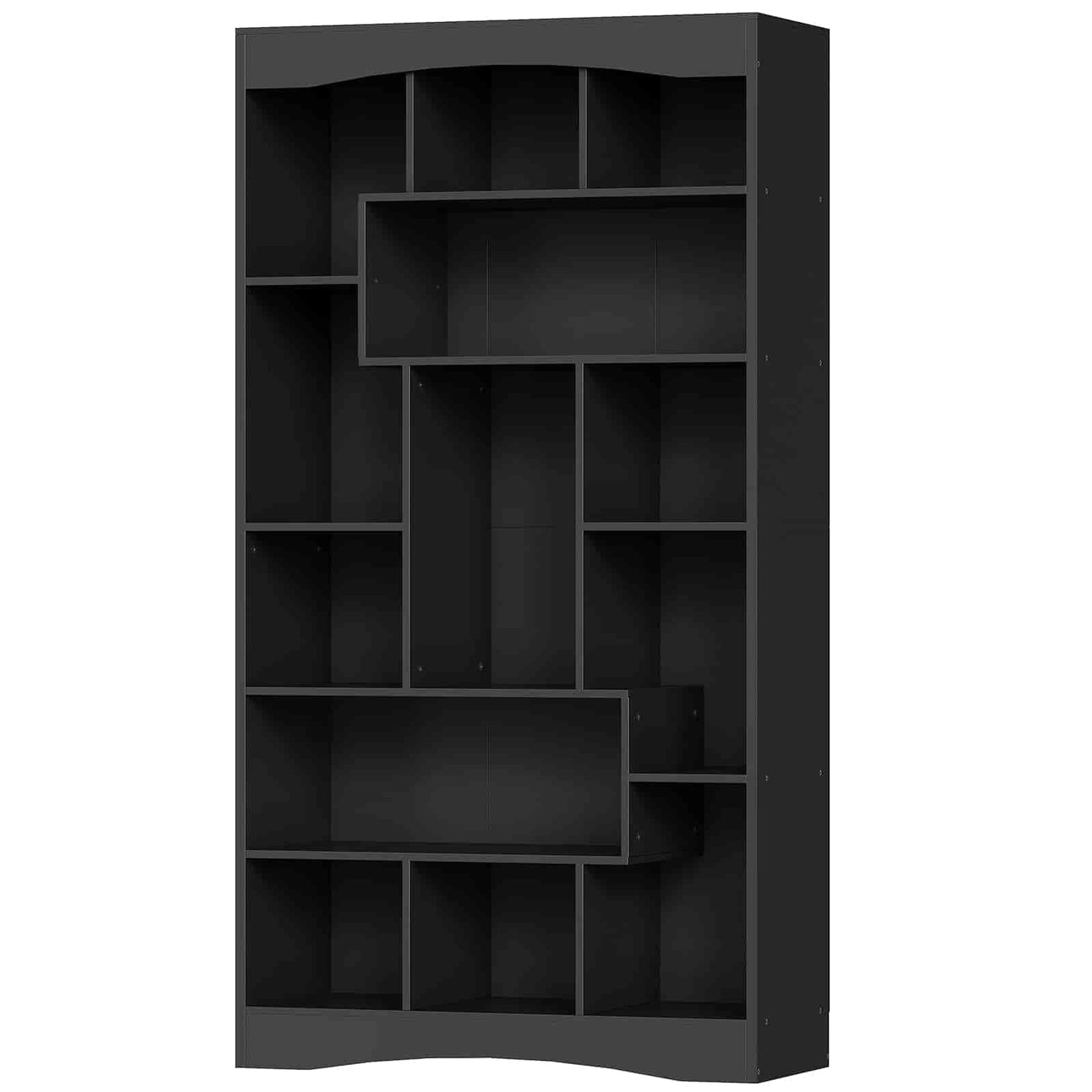 Black bookshelf with geometric design on a white background