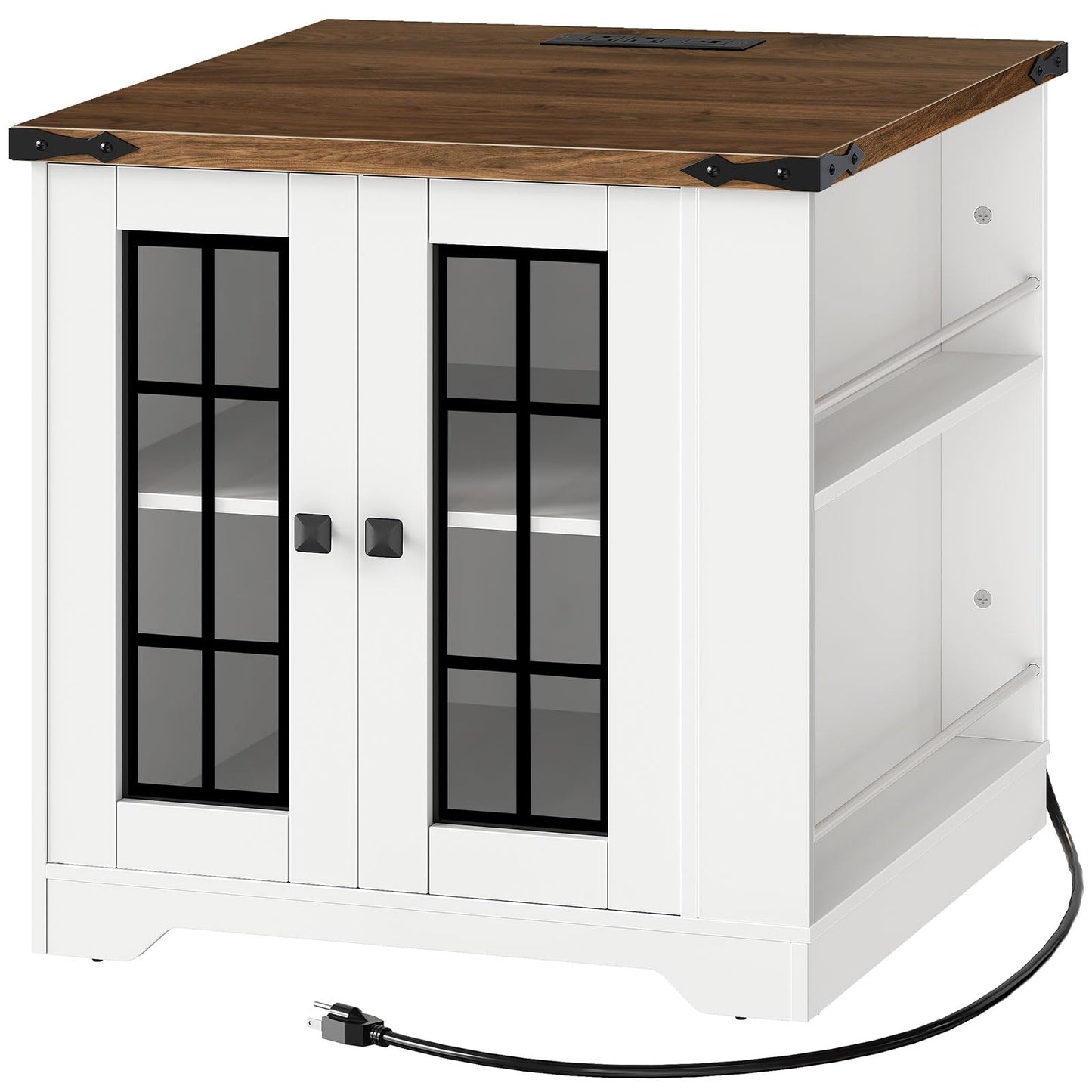 White cabinet with wooden top and glass doors on a white background
