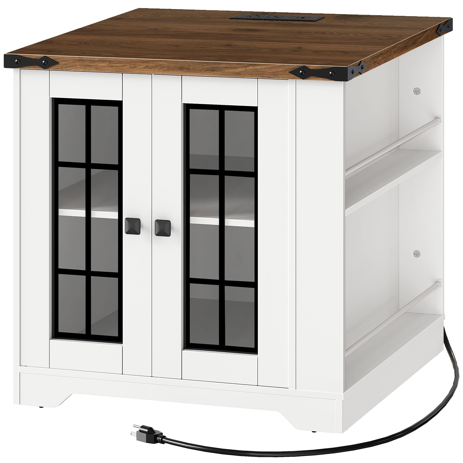 White cabinet with wooden top and glass doors on a white background