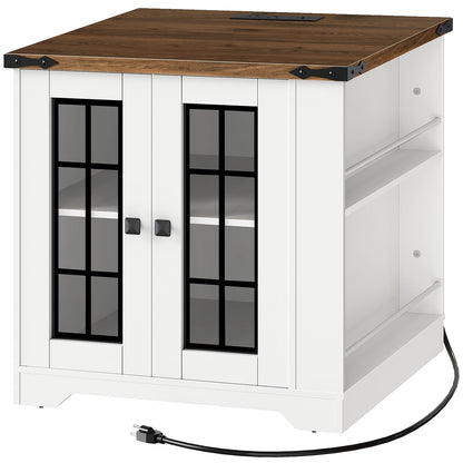 White cabinet with wooden top and glass doors on a white background