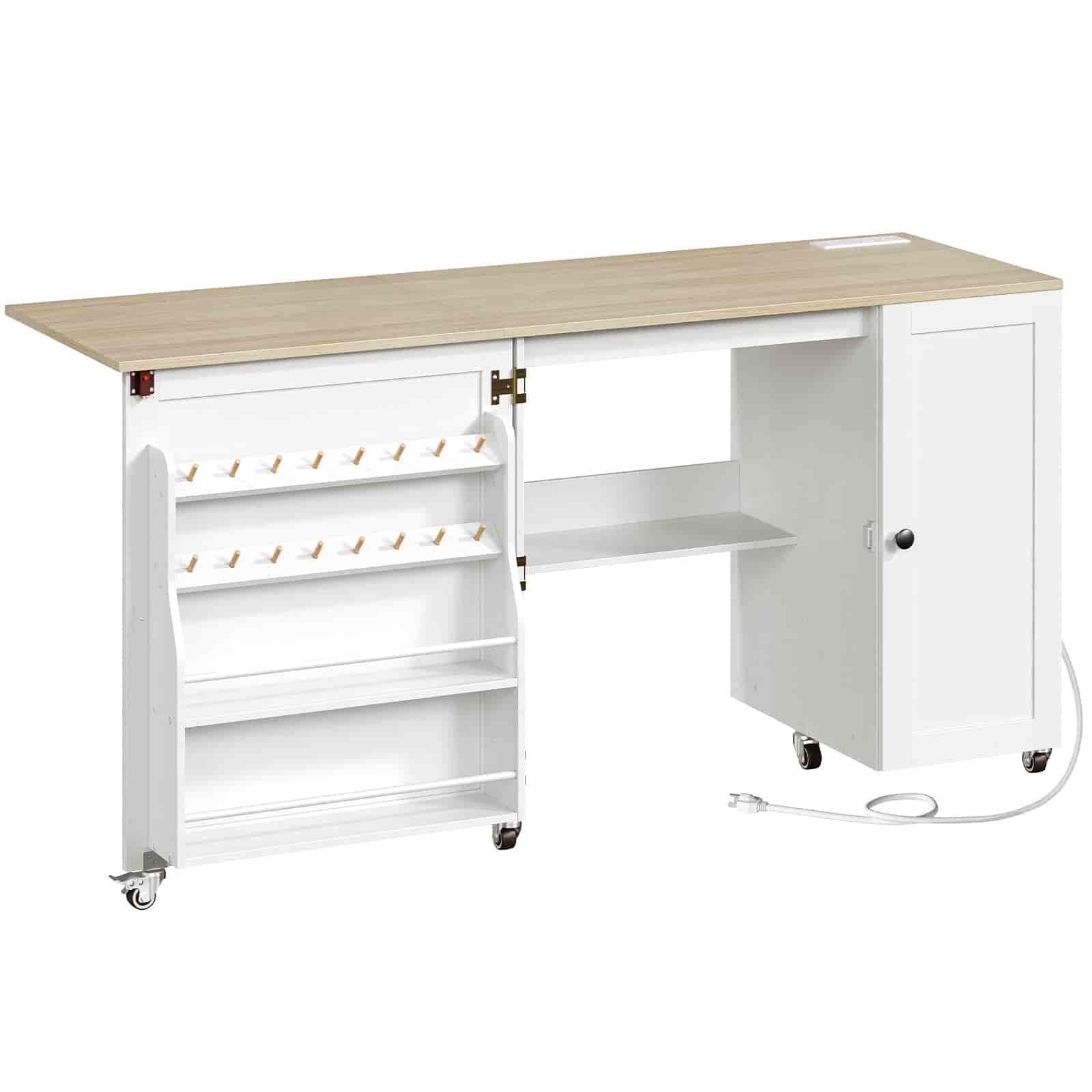 White desk with a wooden top on a white background