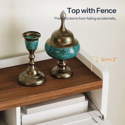 Decorative items on a wooden surface with text indicating a safety feature.