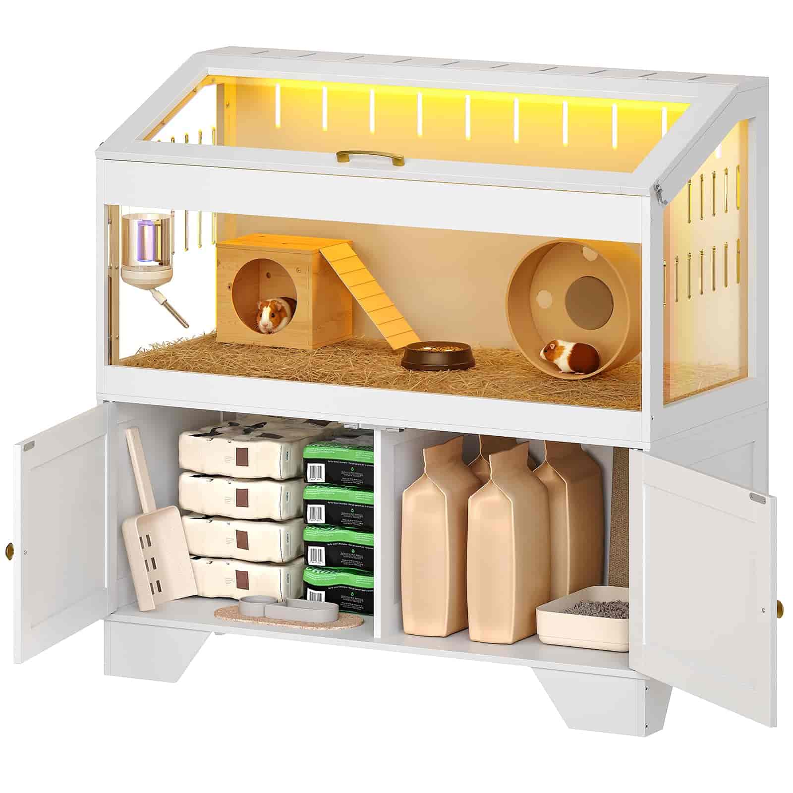 Pet cage with various accessories on a white background