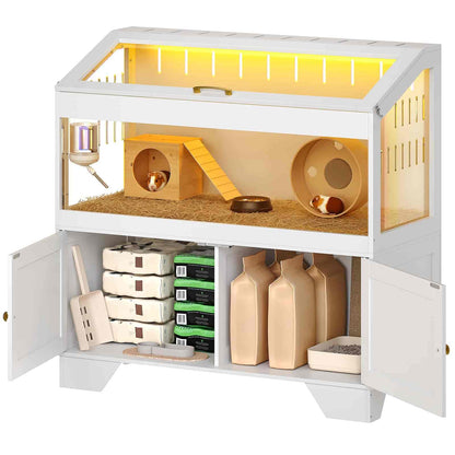 Pet cage with various accessories on a white background