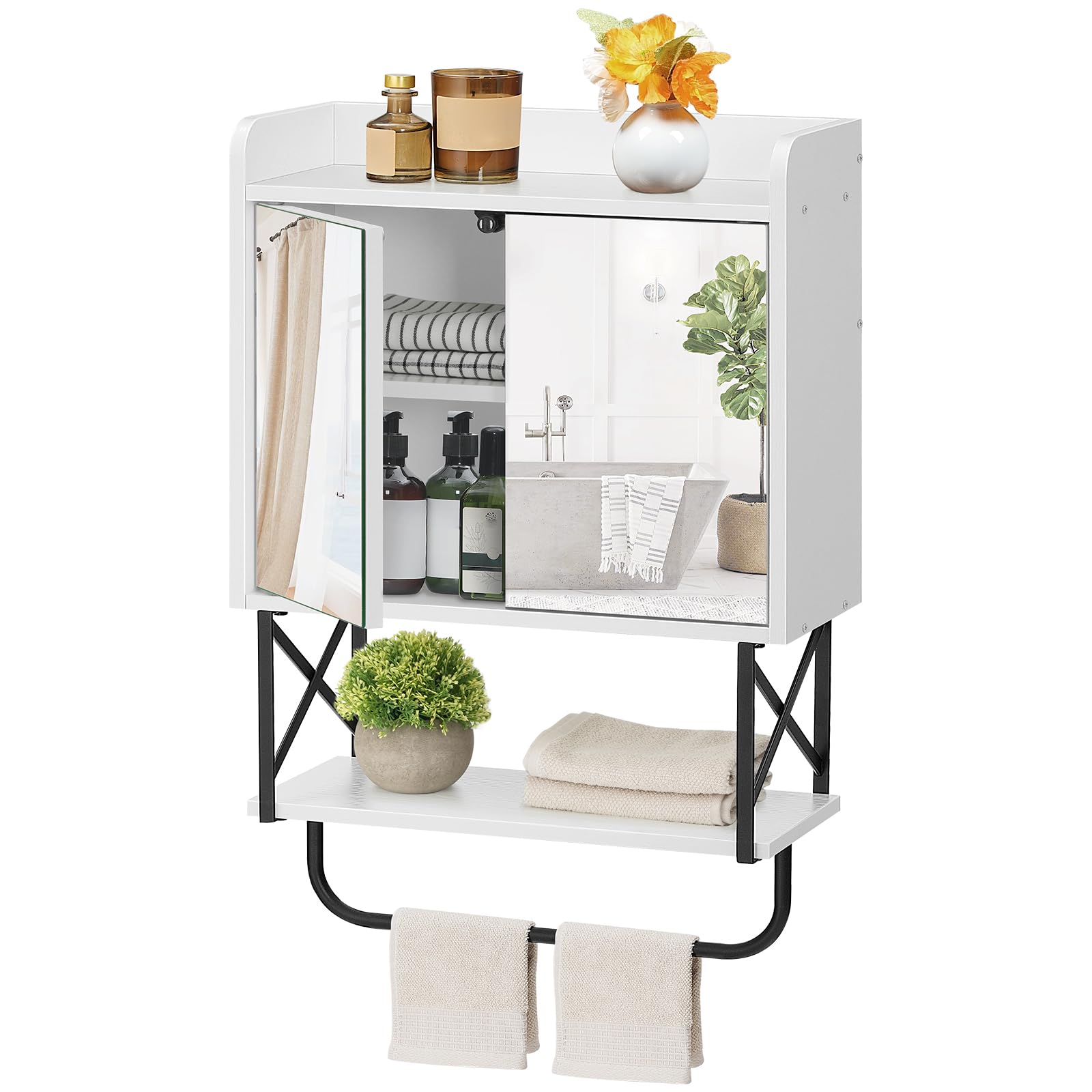 White corner cabinet with glass door, shelves, and towel rack on a white background