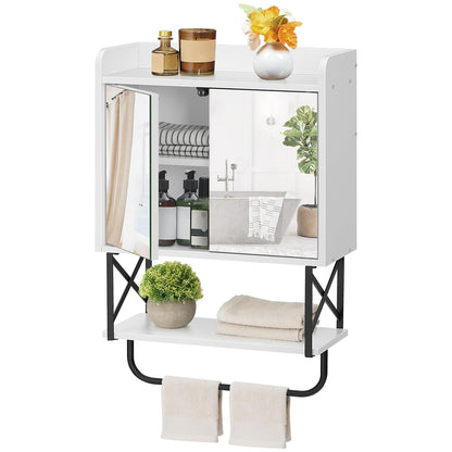 White corner cabinet with glass door, shelves, and towel rack on a white background