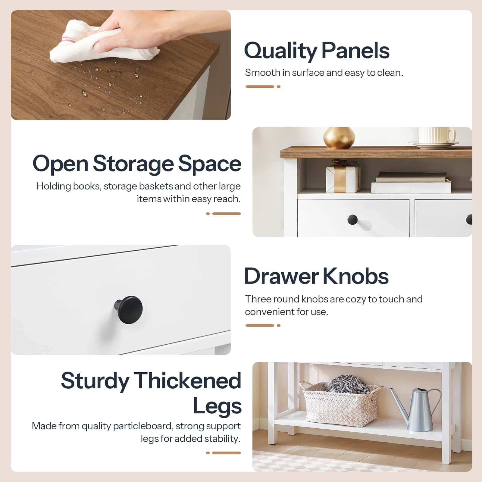 Product features of a piece of furniture with text on quality panels, open storage space, drawer knobs, and sturdy legs.
