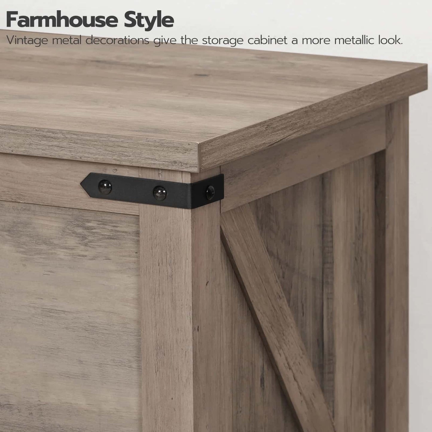 Wooden storage cabinet with metal accents, featuring Farmhouse Style text.