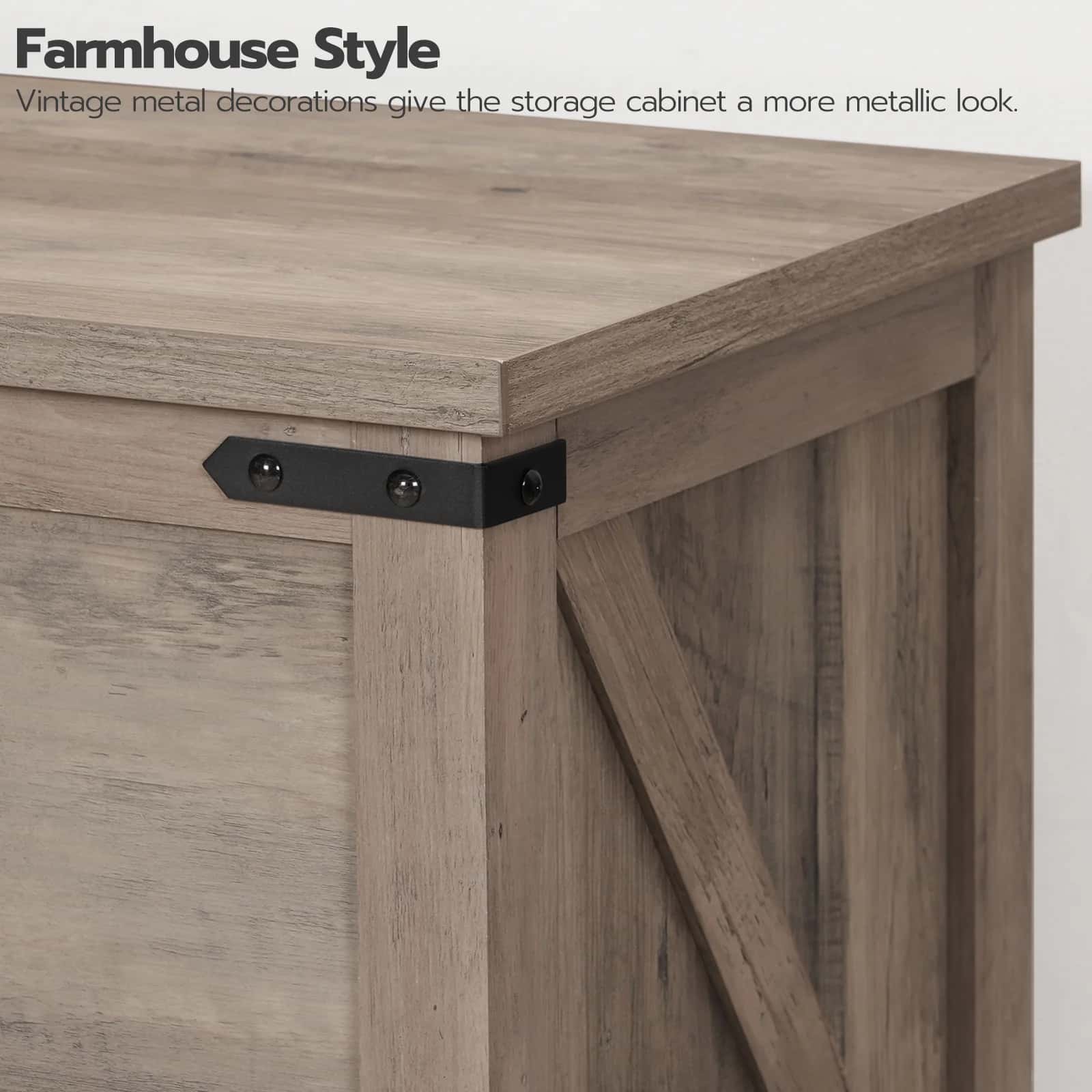 Wooden storage cabinet with metal accents, featuring Farmhouse Style text.