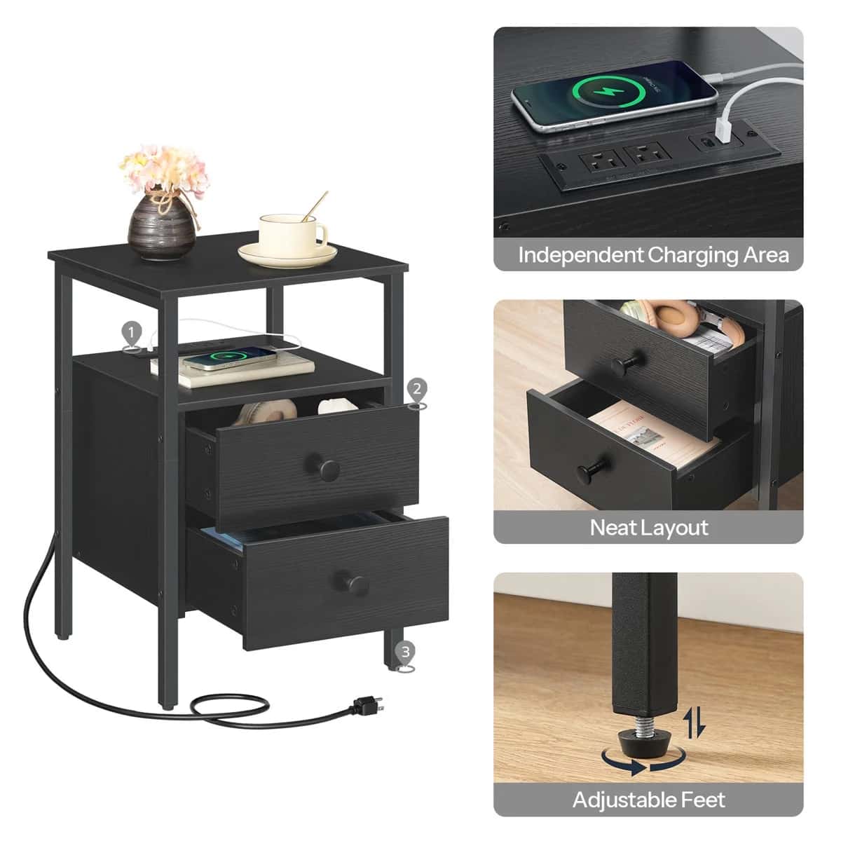 Black nightstand with drawers, charging area, and adjustable feet shown in detail.