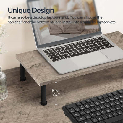 Laptop on a wooden stand with text describing its unique design and usage.