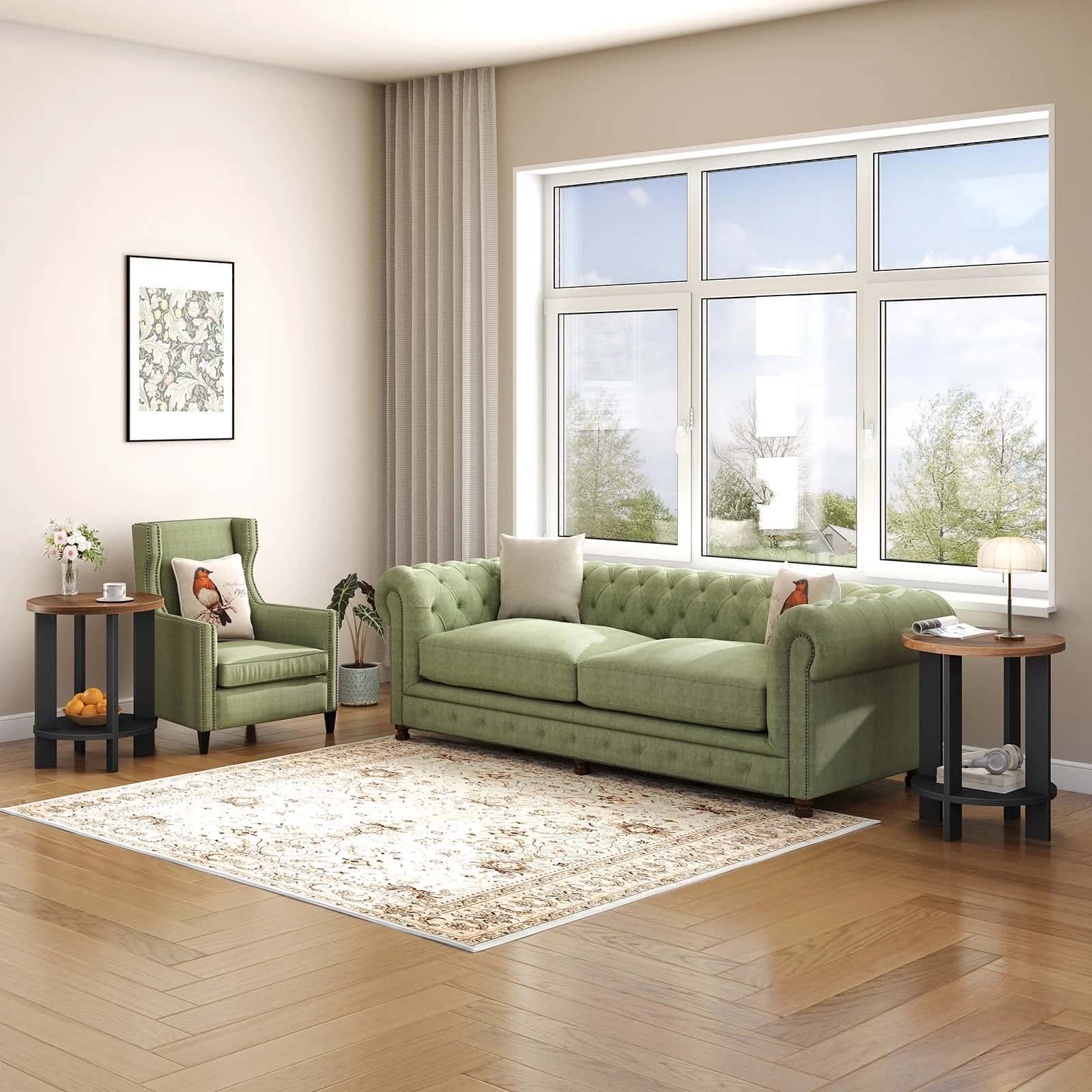Living room with green sofa, armchair, and decorative items.