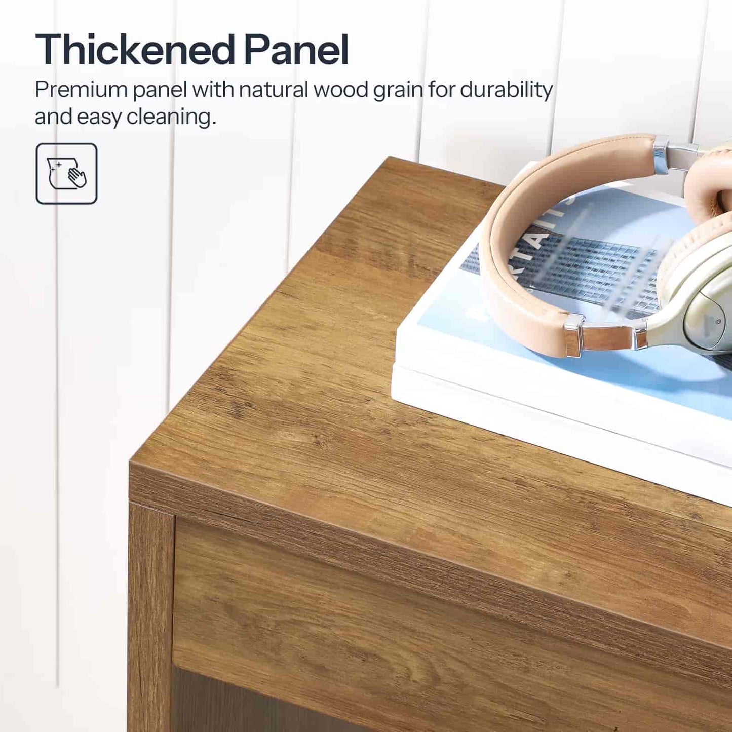 Wooden desk with a thickened panel feature highlighted, showing durability and ease of cleaning.