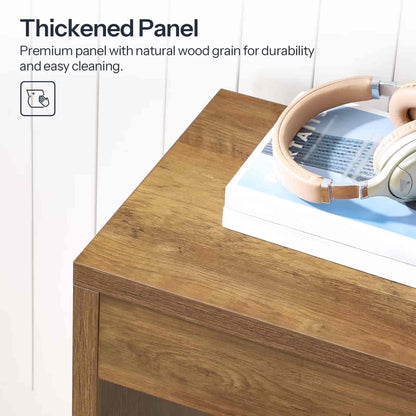 Wooden desk with a thickened panel feature highlighted, showing durability and ease of cleaning.