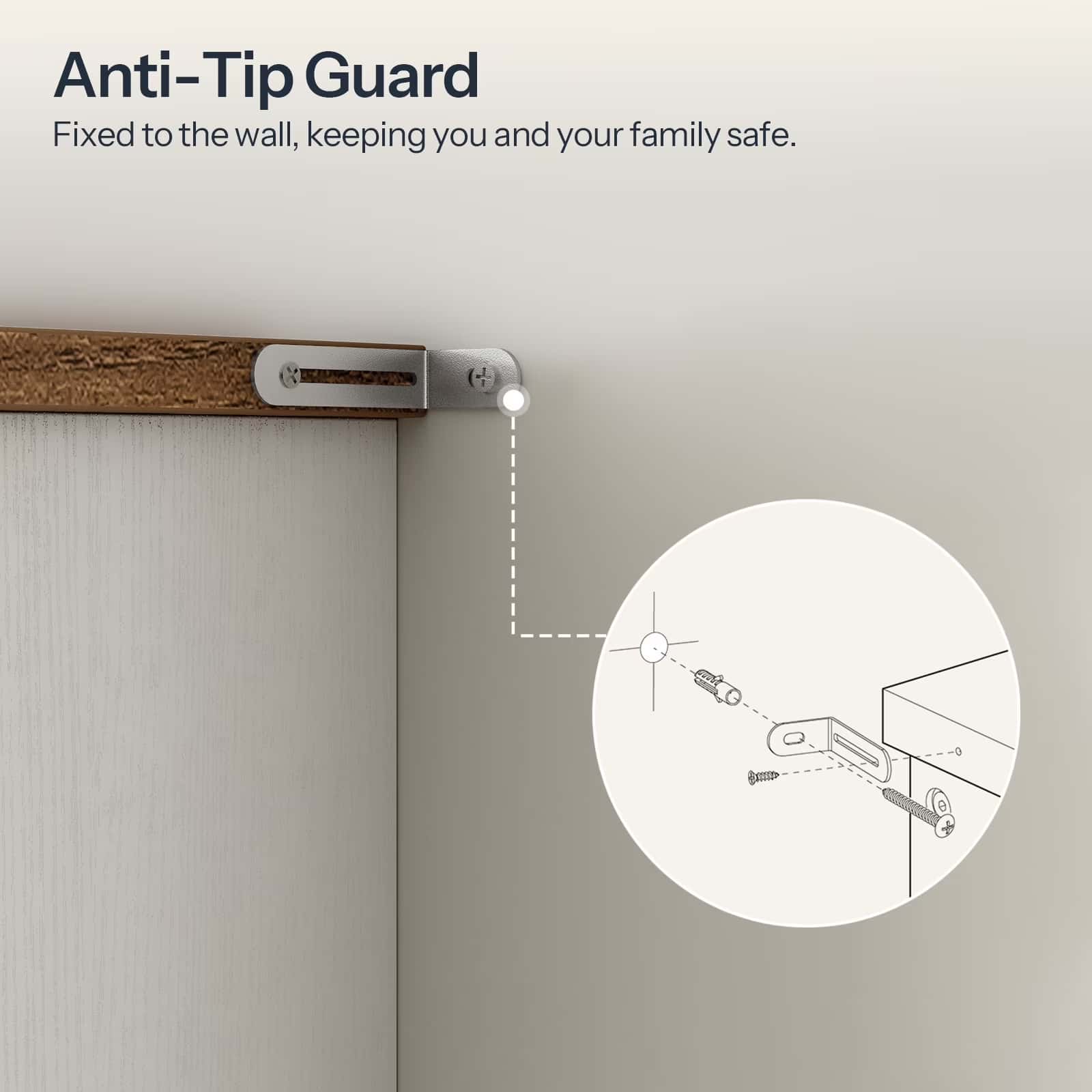 Anti-tip guard fixed to a wall with text indicating safety benefits.