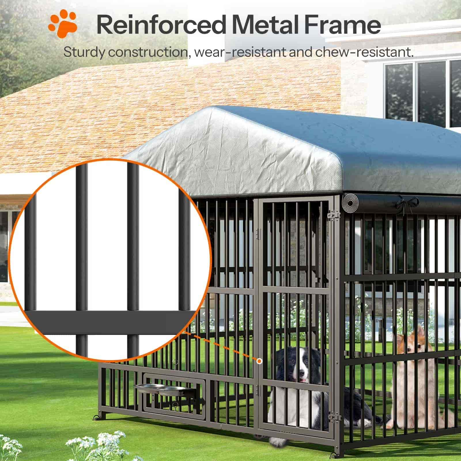 Dog kennel with reinforced metal frame, showing sturdiness and durability.