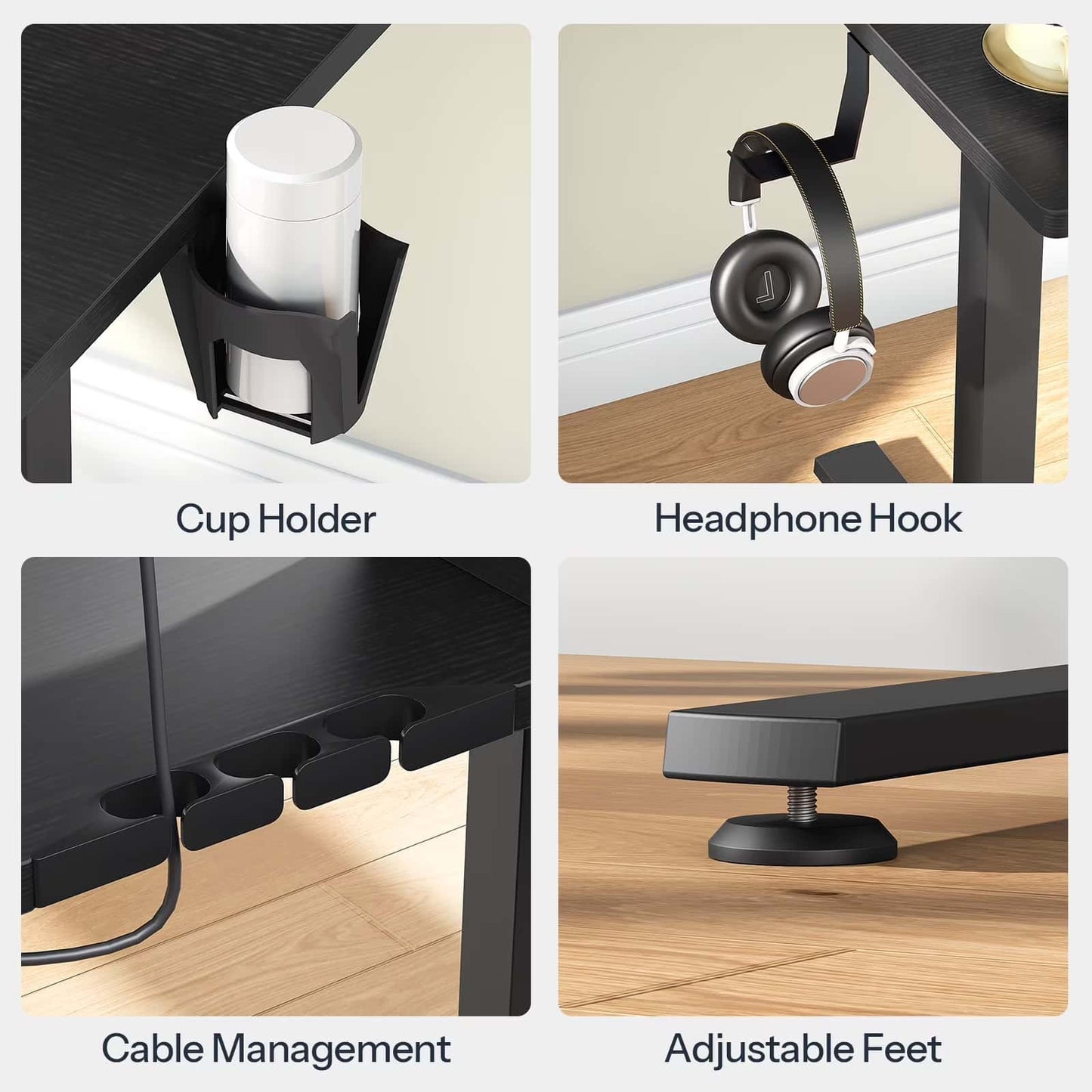 Collage of a desk with cup holder, headphone hook, cable management, and adjustable feet.