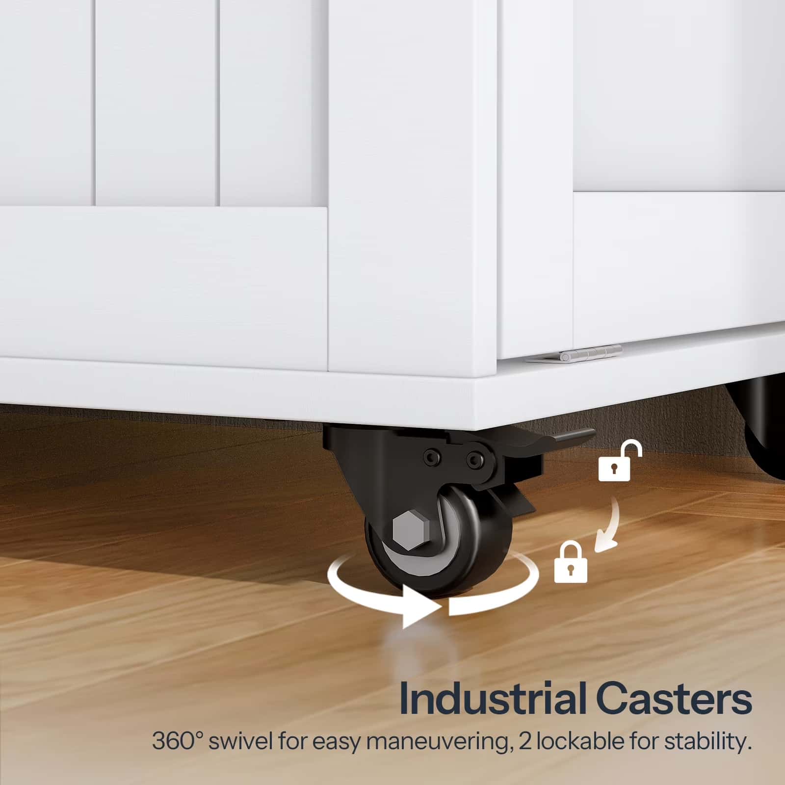 Close-up of a white cabinet with industrial casters on a wooden floor.