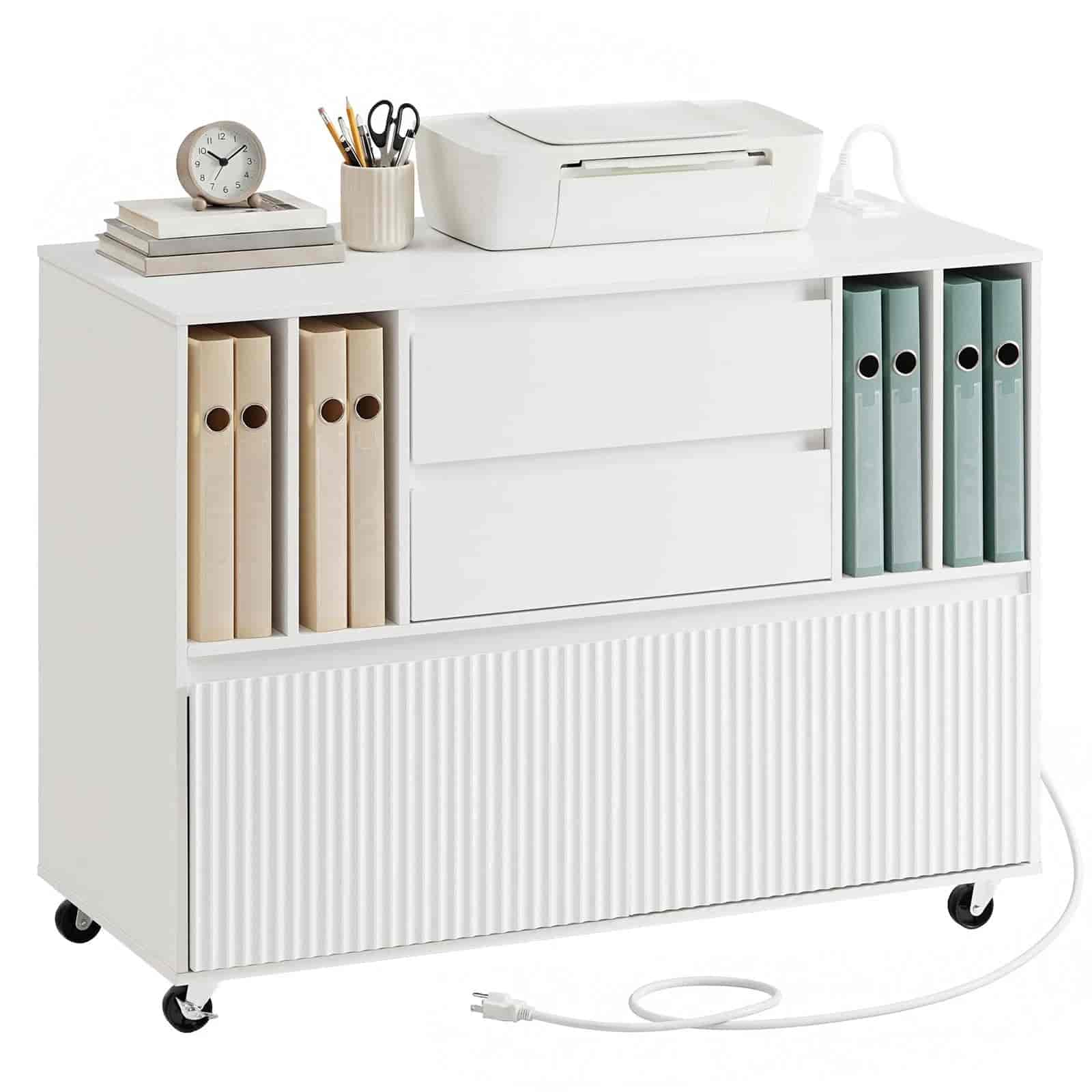 White office cart with storage compartments, files, and office supplies on a white background