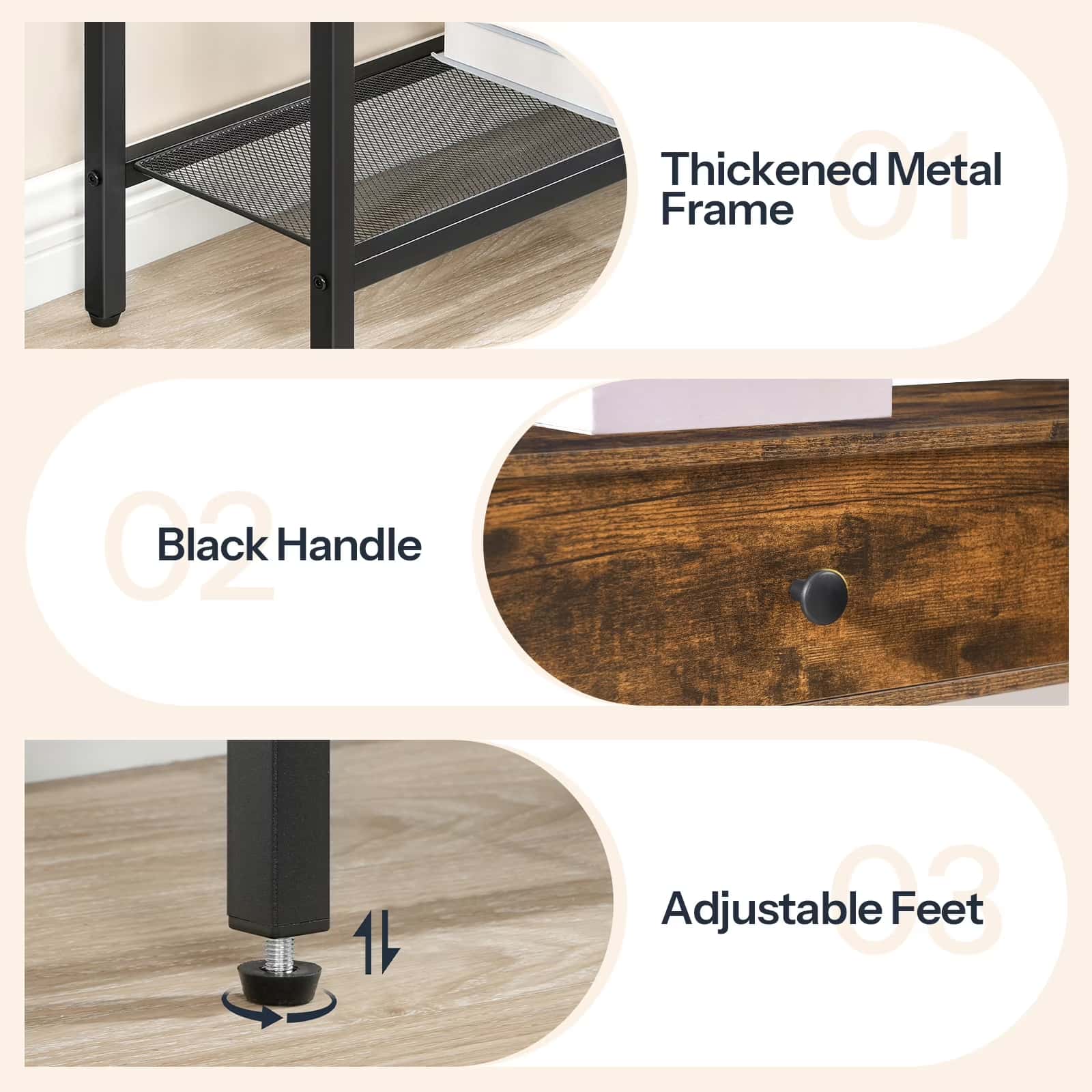 Collage of a thick metal frame, black handle, and adjustable feet on a wooden surface.