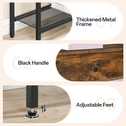 Collage of a thick metal frame, black handle, and adjustable feet on a wooden surface.