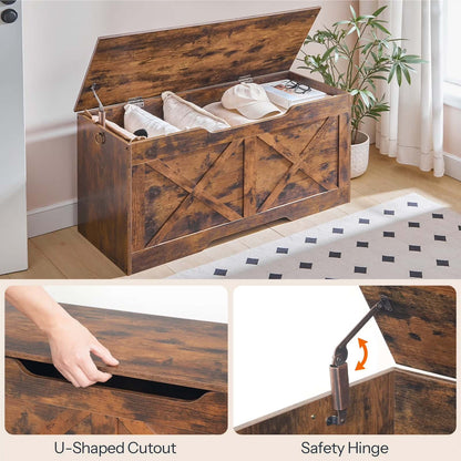 Wooden storage bench with U-shaped cutout and safety hinge details, placed in a room with a plant and rug.
