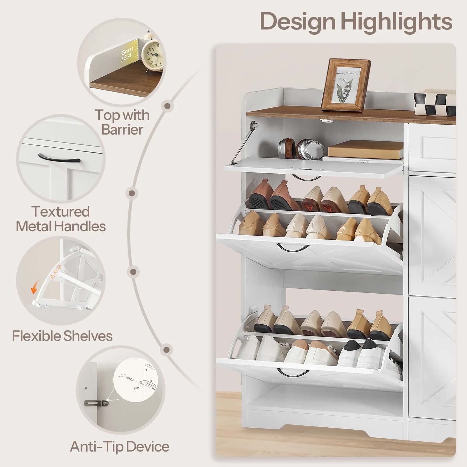 White shoe cabinet with flexible shelves, textured metal handles, and anti-tip device on a light background.