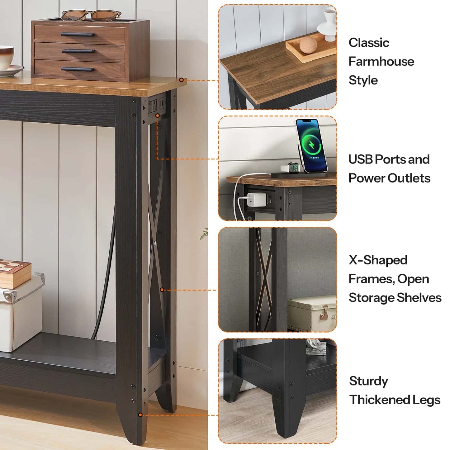 Wooden side table with black metal legs, USB ports, and power outlets, featuring a classic farmhouse style.
