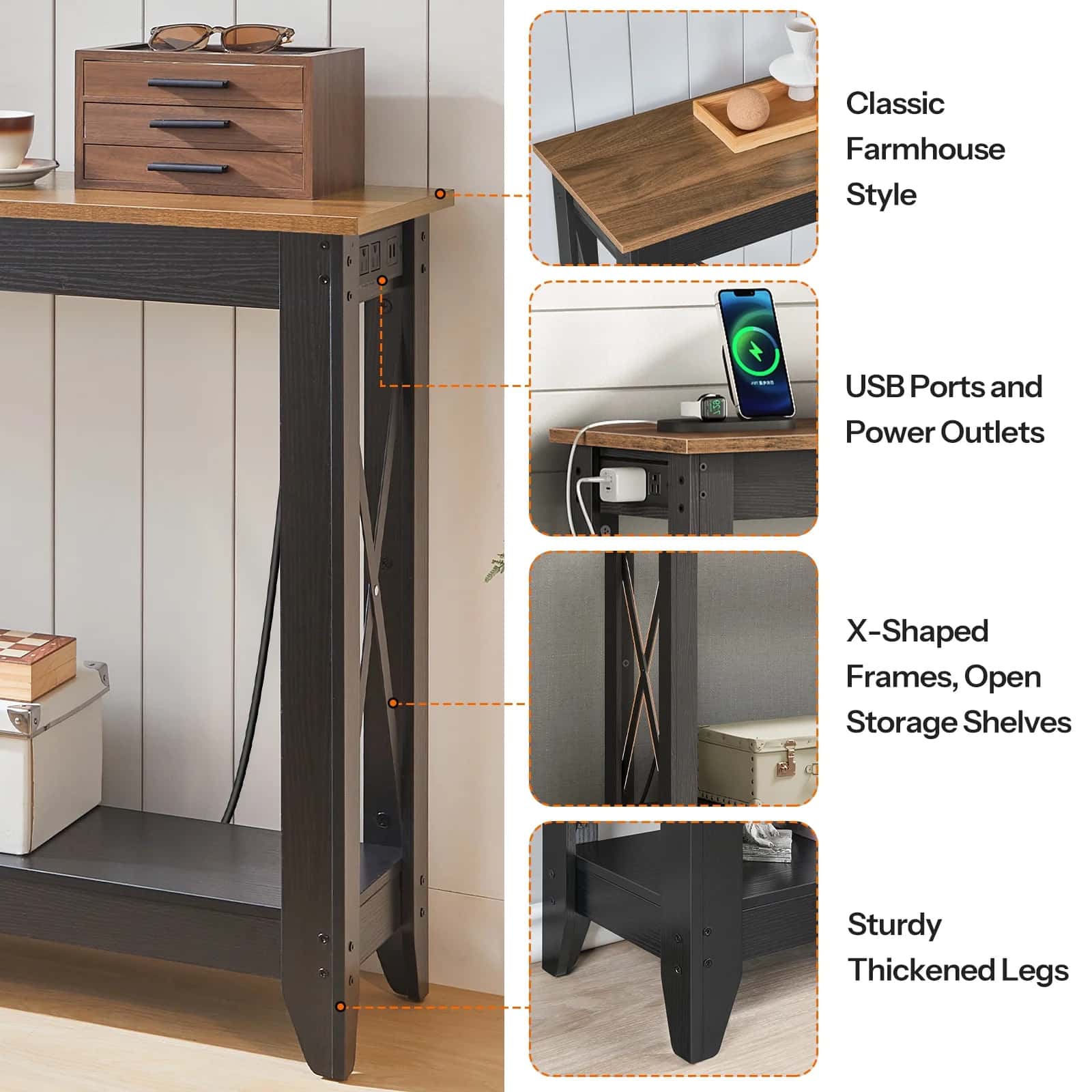 Wooden side table with black metal legs, USB ports, and power outlets, featuring a classic farmhouse style.