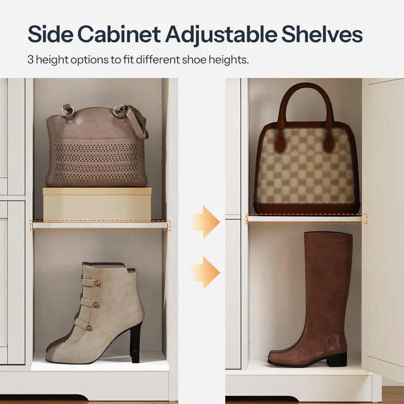 Adjustable shelves in a cabinet with bags and boots demonstrating height options.