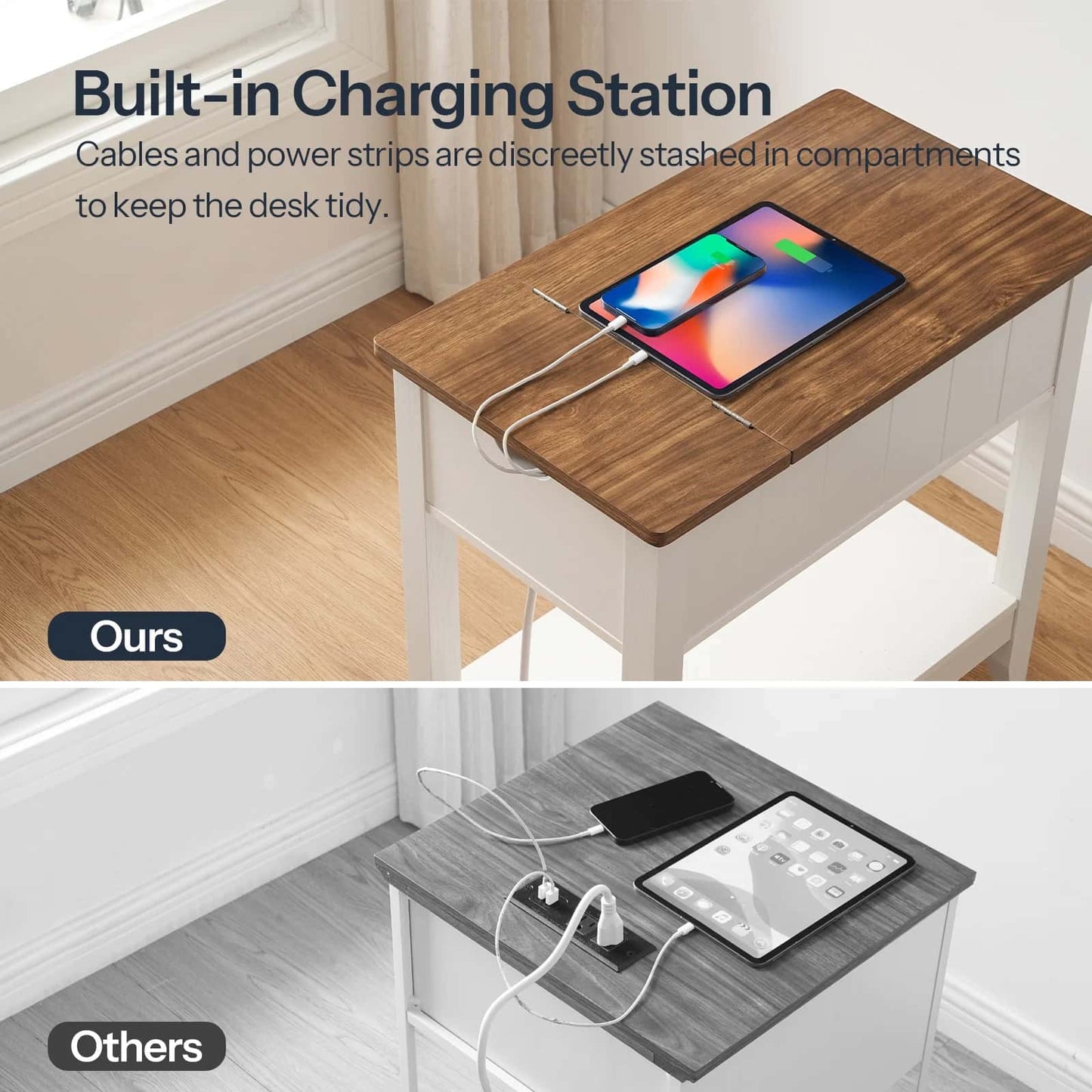 Built-in charging station on a desk with tablet and phone, showing tidiness of cables and power strips.