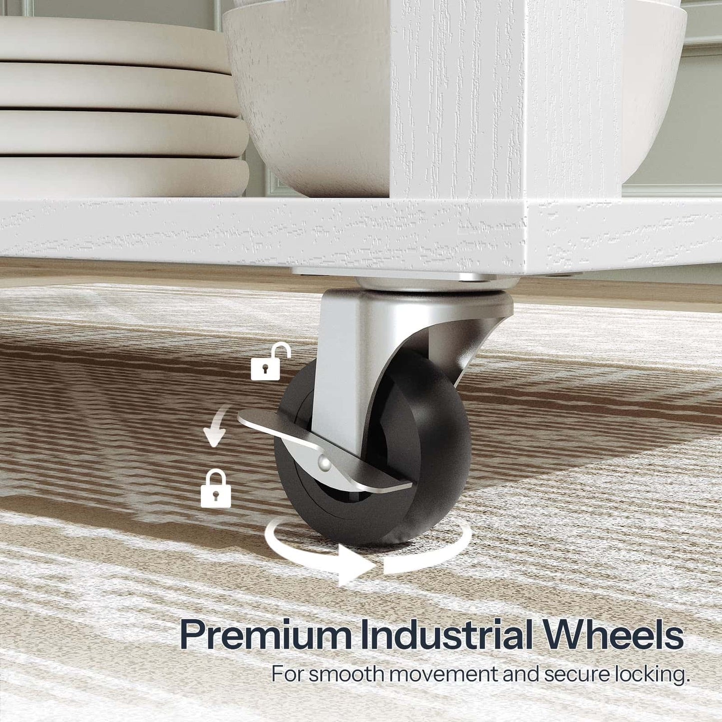 Close-up of a furniture wheel with locking mechanism on a wooden floor, labeled 'Premium Industrial Wheels'.