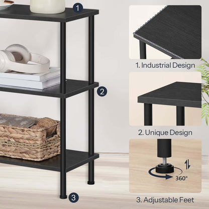 Black metal side table with adjustable feet, industrial design, and unique design features.