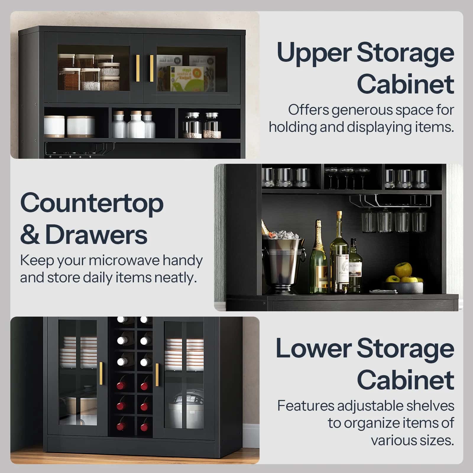 Black storage cabinets with labeled sections for upper, countertop & drawers, and lower storage.