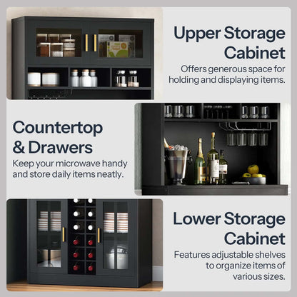Black storage cabinets with labeled sections for upper, countertop & drawers, and lower storage.