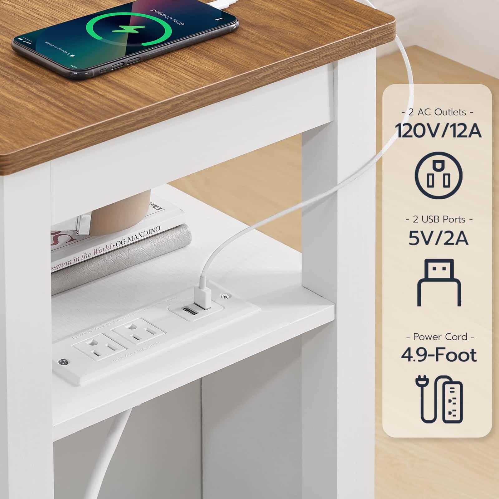 White power strip with multiple outlets and USB ports on a wooden surface, with a smartphone charging.